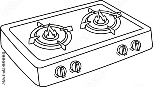 Gas Stove Line Art Vector, Two Burner Cooking Appliance with Flames