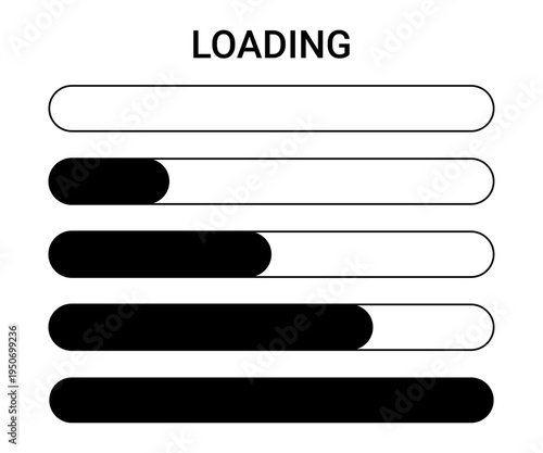 Loading progress bar with black indicator status. Set of digital interface elements for website download. Software installation icon, data transfer and process monitoring sign. Vector illustration