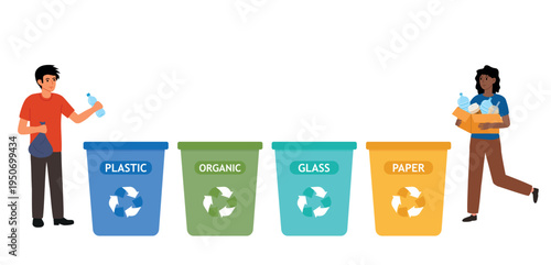 Separate waste. Men and women carry plastic waste to blue bin with label plastic and other bins. Doodle vector illustration.