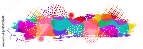 Colored paint blobs with cracks, dots and halftone. Hand drawn. Not AI, vector illustration.