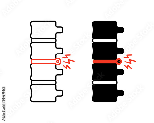 Spine with disc inflammation line icon. Human vertebrae showing injury and nerve pain. Orthopedic medical symbol for backache, spinal problem, treatment, healthcare and diagnostic clinic. Vector illus