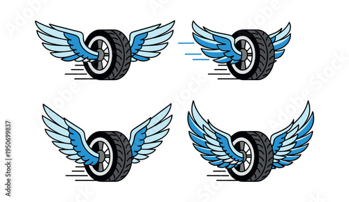 Set of winged tire insignias, representing speed, energy in motion, and the essence of rapid travel