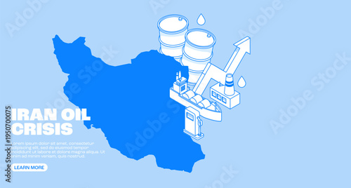 Iran oil industry map with isometric energy infrastructure icons illustrating petroleum production, tanker transport, refinery activity and global energy economyWeb