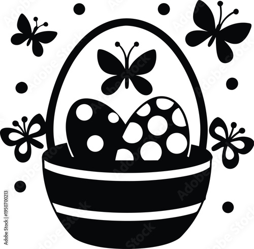 Easter basket with eggs and butterflies on white background