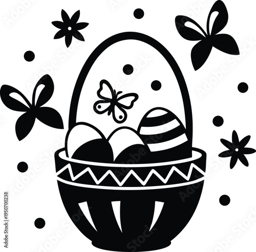 Easter basket with eggs and butterflies on white background