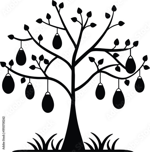 Black silhouette of a tree with pears hanging from branches