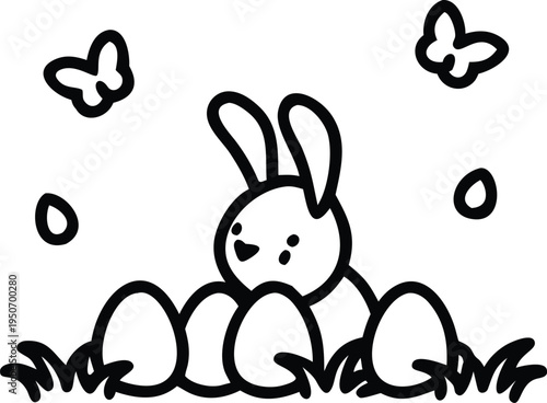 Cute cartoon bunny sitting in grass with eggs and butterflies