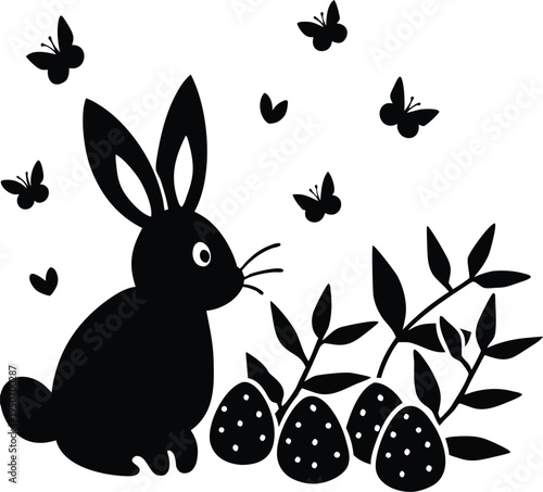 Black silhouette of a bunny surrounded by butterflies and speckled eggs