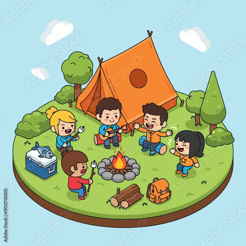 Children enjoying camping and roasting marshmallows around a campfire.
