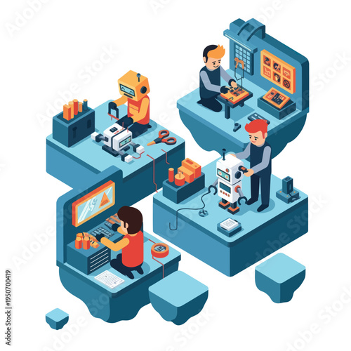 Children learning robotics and programming building robots.