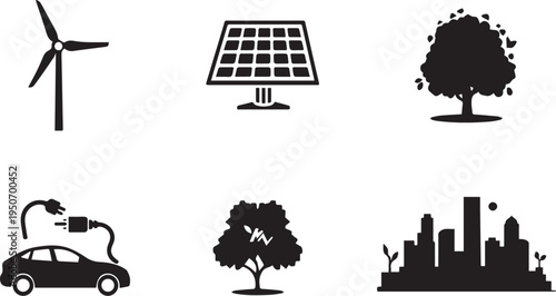 Set of Eco-friendly Sustainability Icons - Renewable Energy, Green Technology, and Environmental Conservation Vector Symbols.