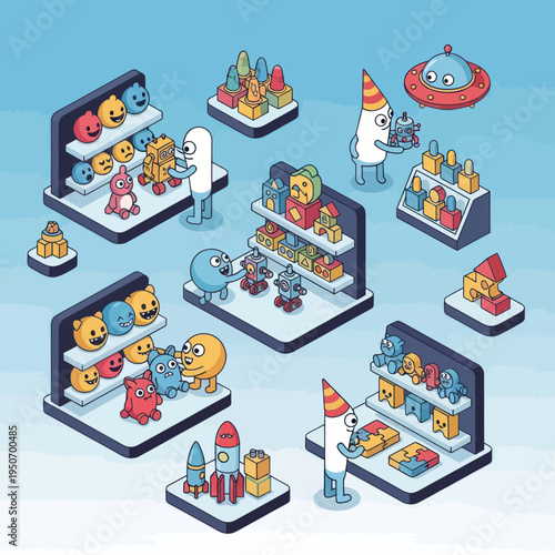 Cute cartoon characters and toys displayed on shelves in a whimsical store setting.