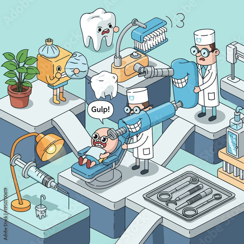 Dentist treating a scared patient with cartoonish dental equipment.