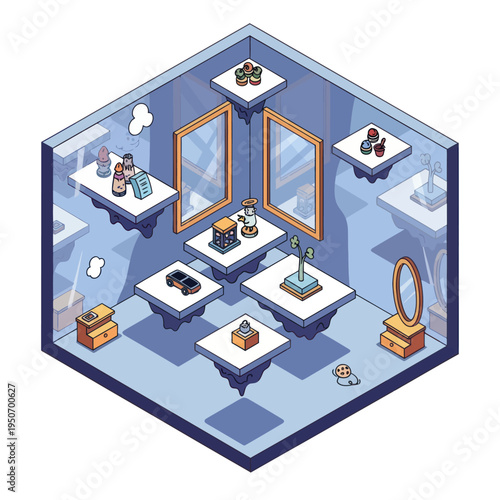 Isometric Display of Perfume Bottles and Cosmetics in a Modern Store.