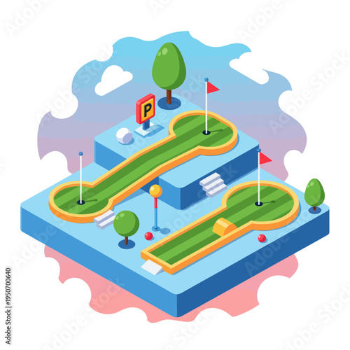 Mini Golf Course Isometric Illustration with Trees and Parking Sign.