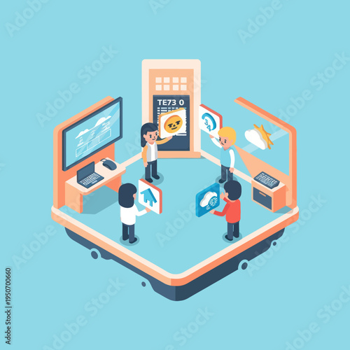 People interacting with technology in a futuristic virtual reality room.