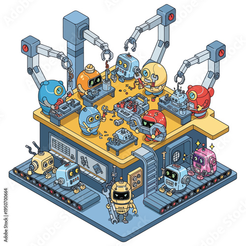 Robots being assembled on a futuristic factory floor with robotic arms.