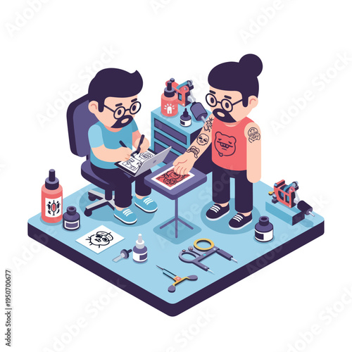 Tattoo artist creating body art on customer in studio setting.