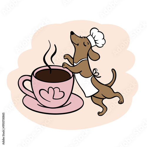 whimsical vector illustration of a brown dachshund puppy wearing a baker's hat and white apron, happily leaning against a large pink steaming cup of coffee or cocoa decorated with hearts