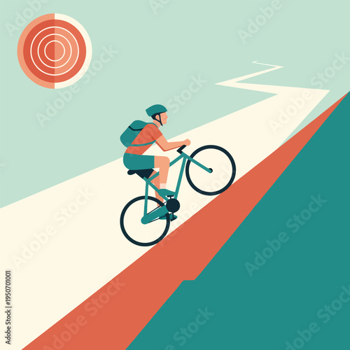 Minimalist vector illustration of a man cycling uphill on a mountain path