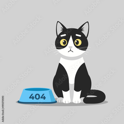 Sad Cartoon Cat with Empty 404 Error Food Bowl Illustration