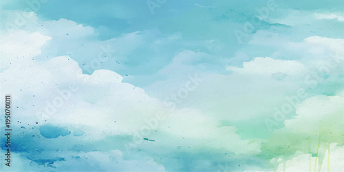 Abstract Watercolor painting of a radiant sky filled with fluffy clouds, creating a sense of serene atmosphere and boundless space.