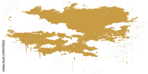 Abstract golden watercolor splash and splatter with dripping effect on a white background, representing artistic expression and creativity.