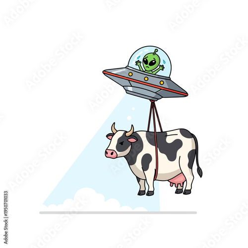 Alien in UFO Abducting Cow Cartoon Illustration