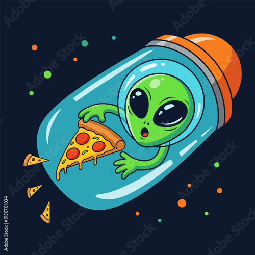 Cartoon Green Alien in Space Capsule Holding a Slice of Pizza