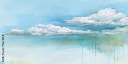 Abstract tranquil watercolor painting portrays fluffy clouds drifting across a serene expanse of the sky. The ethereal landscape captures the essence of a dreamscape.