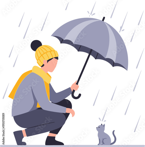 Person holding umbrella over a kitten in the rain illustration