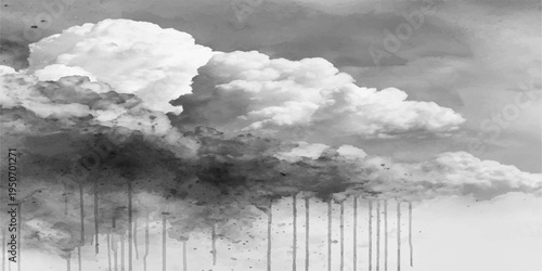 Abstract monochrome rendering of heavy rain, dark and ominous clouds release showers of rain. capturing the dramatic, moody and evocative, and atmospheric nature.