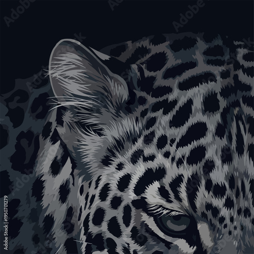 Monochrome leopard close up illustration with spots and intense eye