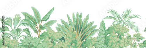 Park trees, tropical palms, plants seamless border. Botanical landscape mural.