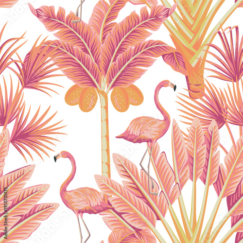 Tropical pink flamingo, floral palm tree seamless pattern white background. Exotic jungle wallpaper. 