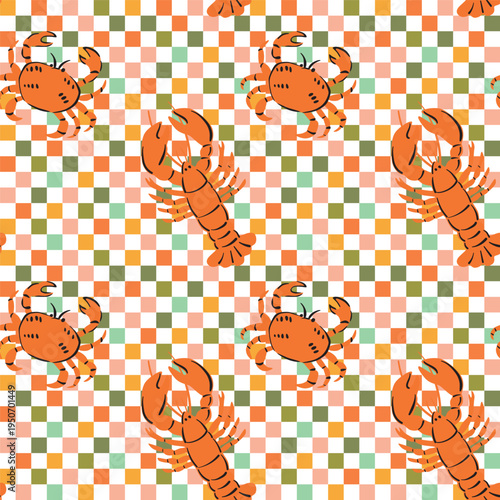 Lobster, crab seamless pattern. Summer sea print.