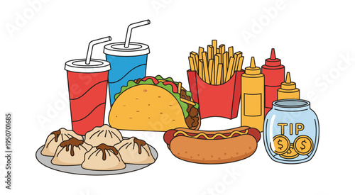 Assortment of well-known fast food items like tacos, hot dogs, fries, dumplings, soda drinks, and condiments, next to a tip jar