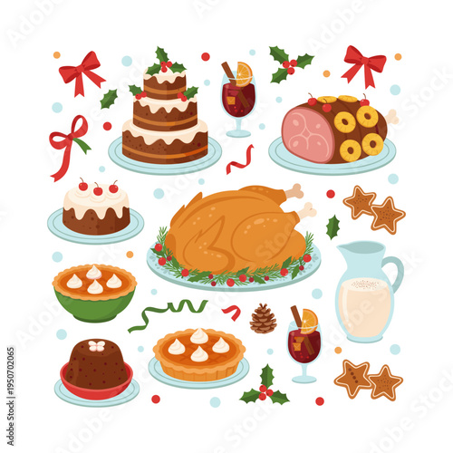 Holiday meal spread featuring roasted turkey, glazed ham, cakes, pies, pudding, gingerbread cookies, and mulled wine