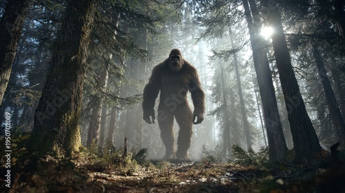 Majestic creature roams in a misty forest setting