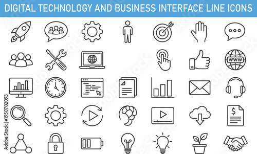 Digital technology and business interface line icons set with communication analytics web development cloud services startup growth vector illustration for online platforms and software systems