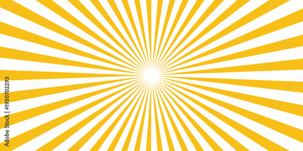 Obraz premium Bright yellow and white sunburst background with symmetrical radial rays radiating from the center, creating a dynamic and energetic retro-style pattern ideal for advertising, posters, and templates.