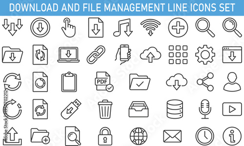 download and file management line icons set, cloud storage sharing symbols including upload sync link folder database media and digital interface elements