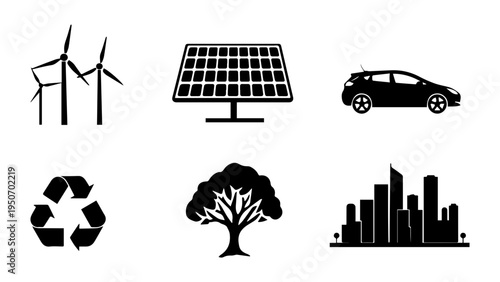 Set of Green Technology and Renewable Energy Icons - Wind Turbine, Solar Panel, Electric Car, and Eco-Friendly Sustainability Symbols.