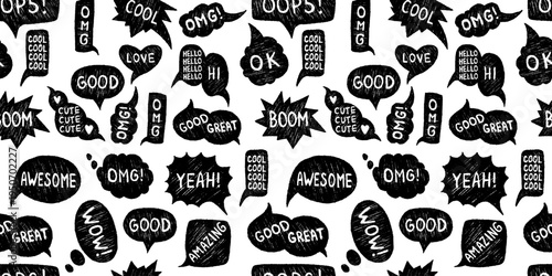 Vector grunge seamless pattern with hand drawn scribble speech bubbles and comic words on white background. Fun black and white pop art lettering texture for wrapping paper, fabric, social media.