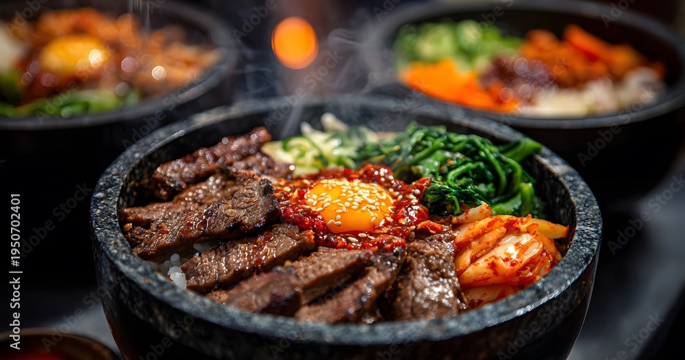 Fototapeta premium Dynamic AI artwork of a steaming, richly composed rice bowl featuring beef, fresh vegetables, and a raw egg yolk.