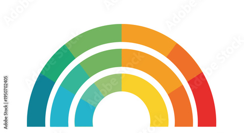 Vibrant graphic rainbow illustration with concentric arcs and segmented colors, a modern abstract design element representing diversity and joy.