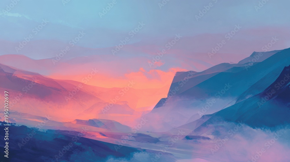 Obraz premium Pastel mountain valley glowing with misty sunrise colors