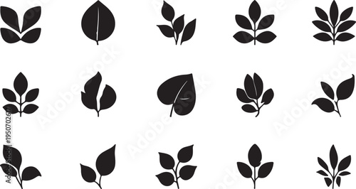 Set of 9 Minimalist Leaf Icons - Black Silhouette Nature Symbols, Organic Shapes, and Eco-friendly Foliage Illustrations.