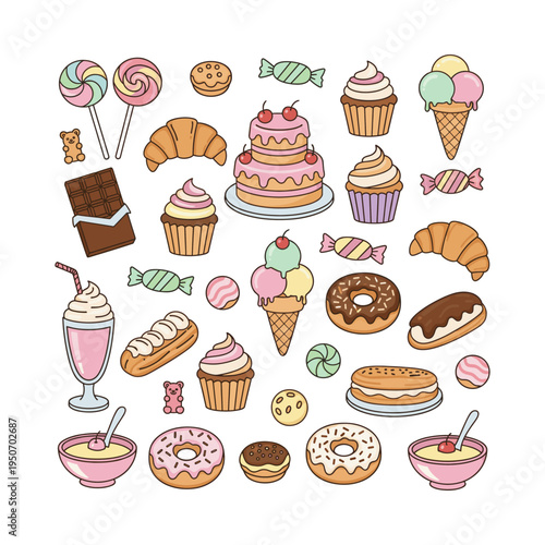 Colorful pattern featuring a variety of cartoon sweets and desserts, including pastries, candies, chocolates, and frozen treats