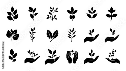 Set of Nature and Plant Growth Icons - Leaf Silhouettes, Hand Cradling Sprout, and Organic Garden Symbols for Eco-Friendly Design.